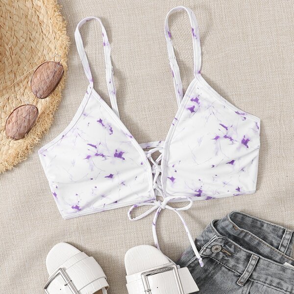 

Marble Print Lace-up Bikini Top, White