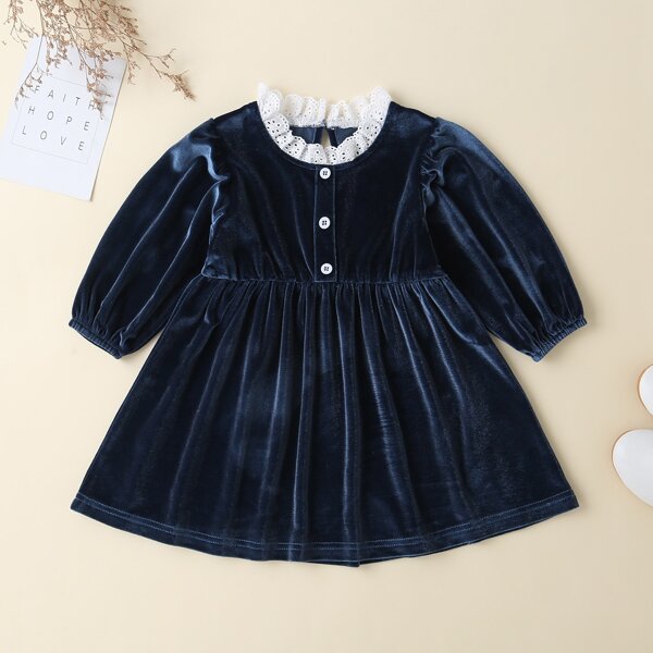

Baby Girl Eyelet Embroidery Neck Velvet Smock Dress, Navy blue
