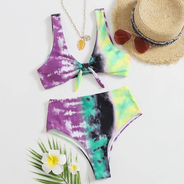 

Tie Dye Knot Front High Waisted Bikini Swimsuit, Multicolor