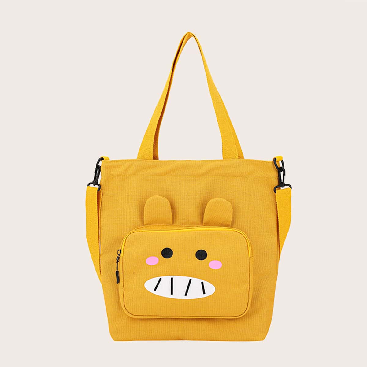 

Cartoon Pocket Canvas Tote Bag, Multicolor