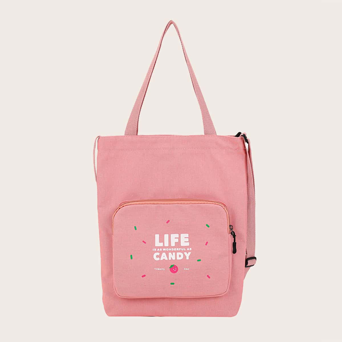 

Slogan Pocket Canvas Tote Bag, Baby pink