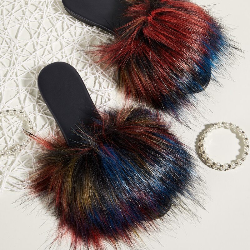 

Faux Fur Decor Colorblock Slide Sandals, Multicolor