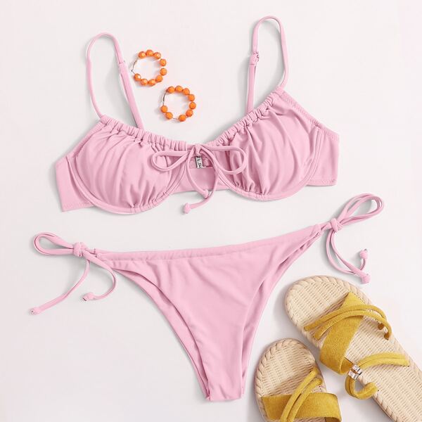 

Knot Front Underwire Tie Side Bikini Swimsuit, Pastel baby pink