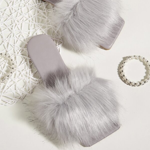 

Faux Fur Decor Slide Sandals, Grey