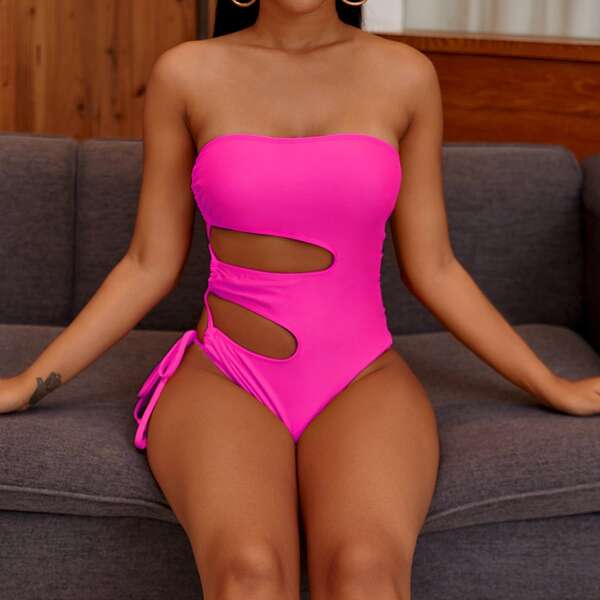 

Cut-out Tie Side Bandeau One Piece Swimsuit, Hot pink bright