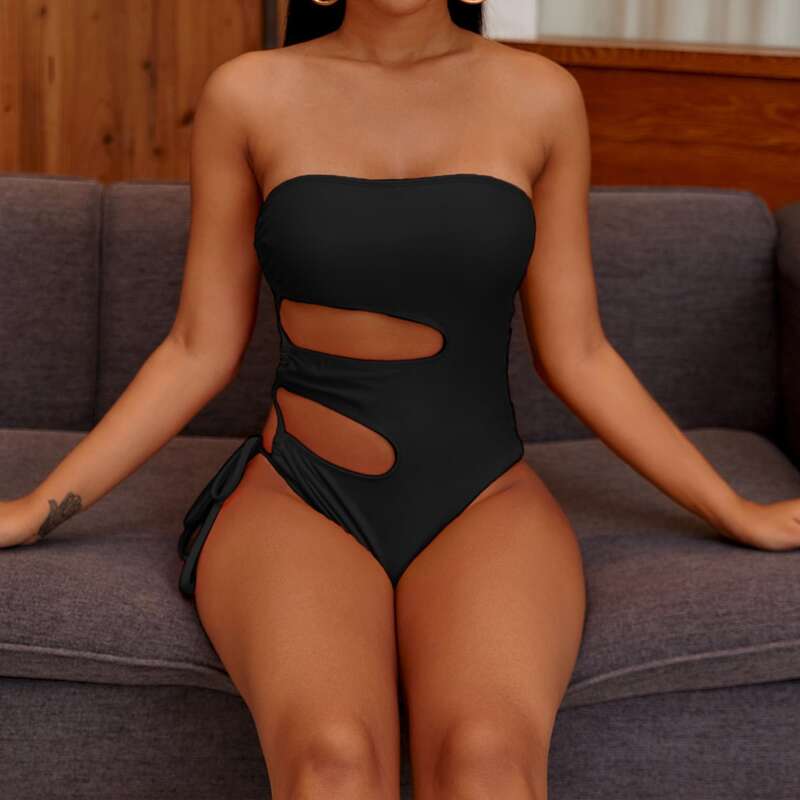 

Cut-out Tie Side Bandeau One Piece Swimsuit, Black