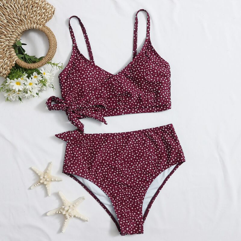 

Ditsy Floral Knot High Waisted Bikini Swimsuit, Burgundy