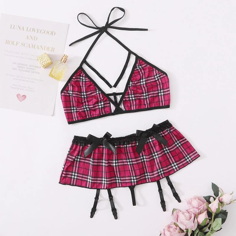 

Tartan Ruffle Hem Garter Lingerie Set, Multicolor