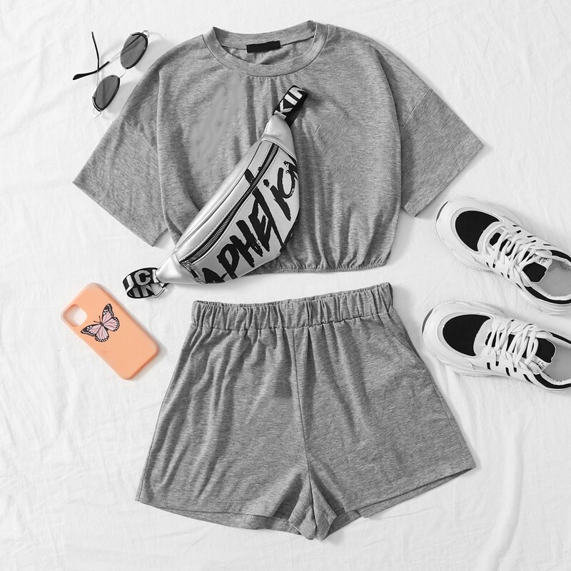 

Drop Shoulder Crop Tee & Track Shorts Set, Grey