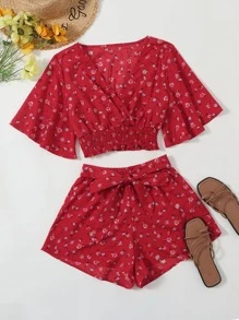 SHEIN Clasi Plus Size Boho Floral Surplice Shirred Top With Tie Front Shorts, For Summer - Red - View 1