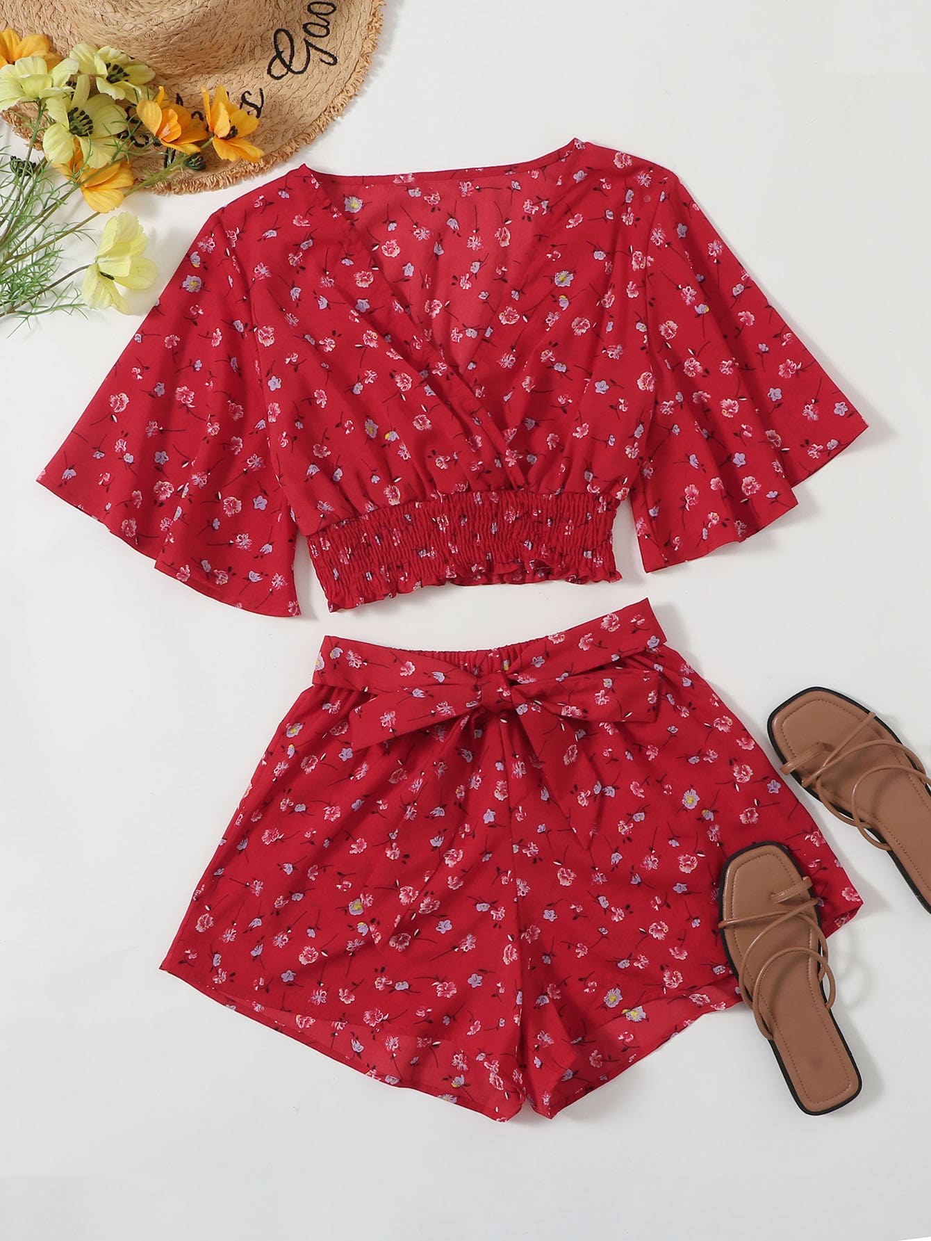SHEIN Clasi Plus Size Boho Floral Surplice Shirred Top With Tie Front Shorts, For Summer - Red - View 1