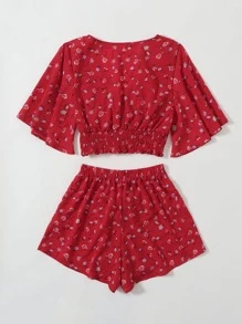 SHEIN Clasi Plus Size Boho Floral Surplice Shirred Top With Tie Front Shorts, For Summer - Red - View 2