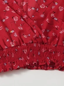 SHEIN Clasi Plus Size Boho Floral Surplice Shirred Top With Tie Front Shorts, For Summer - Red - View 5