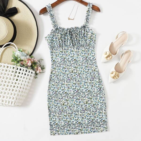 

Ditsy Floral Ruched Bust Frill Trim Bodycon Dress, Multicolor