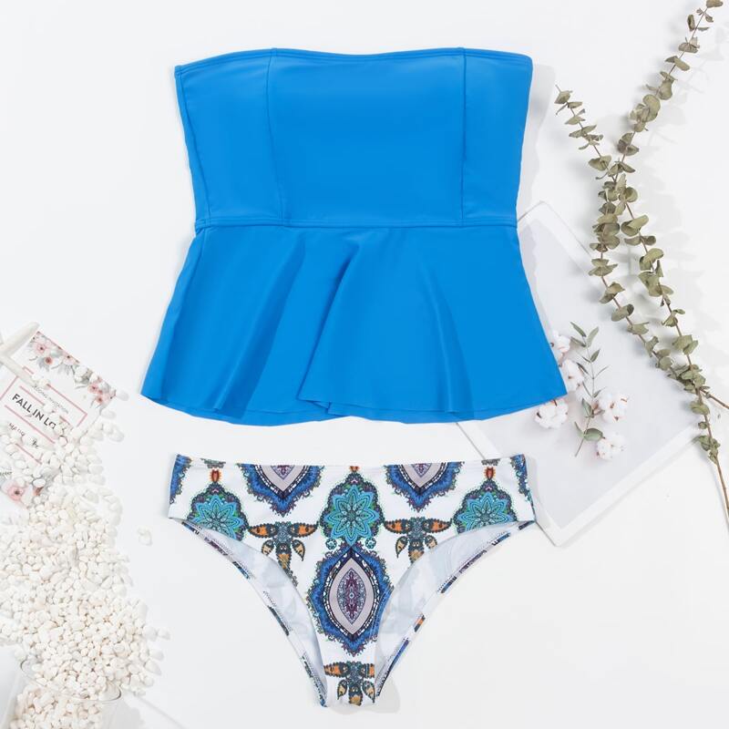 

Tribal Ruffle Hem Bandeau Bikini Swimsuit, Blue