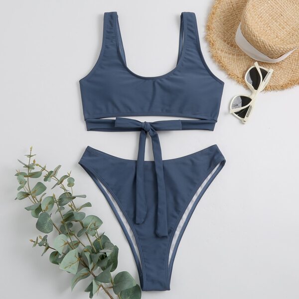 

Cut-out Tie Front High Cut Bikini Swimsuit, Dusty blue