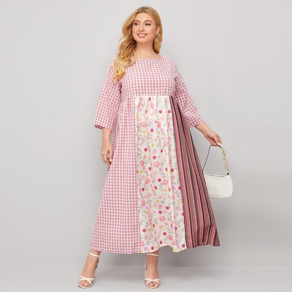 

Plus Floral Panel Gingham Smock Dress, Baby pink