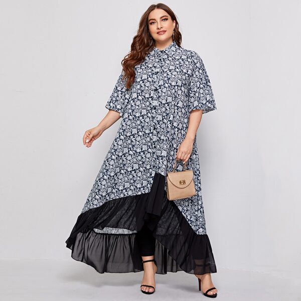 

Plus Floral Print Contrast Mesh Asymmetrical Hem Dress, Multicolor