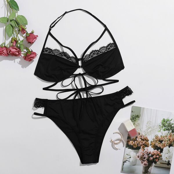 

Plus Lace Trim Halter Lingerie Set, Black