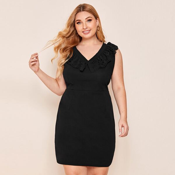 

Plus Laser Cut Ruffle Fitted Dress, Black