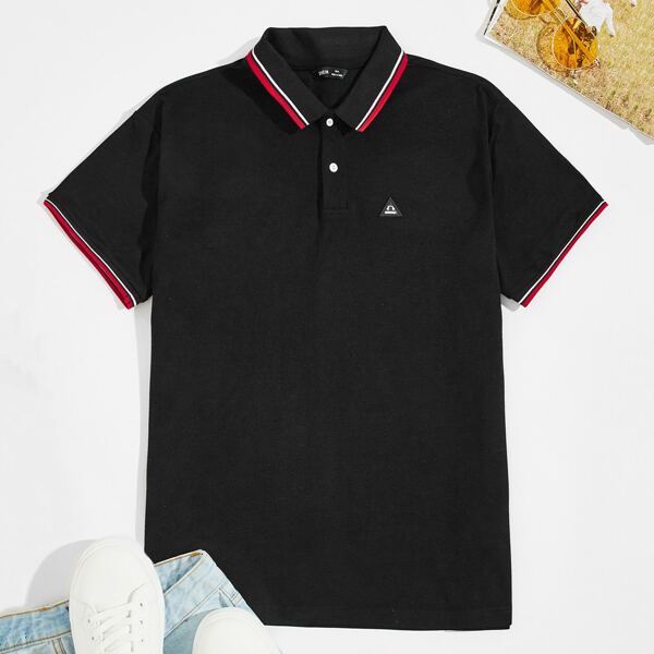 

Men Patched Detail Striped Collar and Cuff Polo Shirt, Black