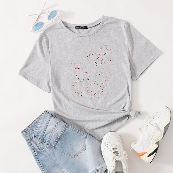 

Rhinestone Detail Round Neck Tee, Light grey