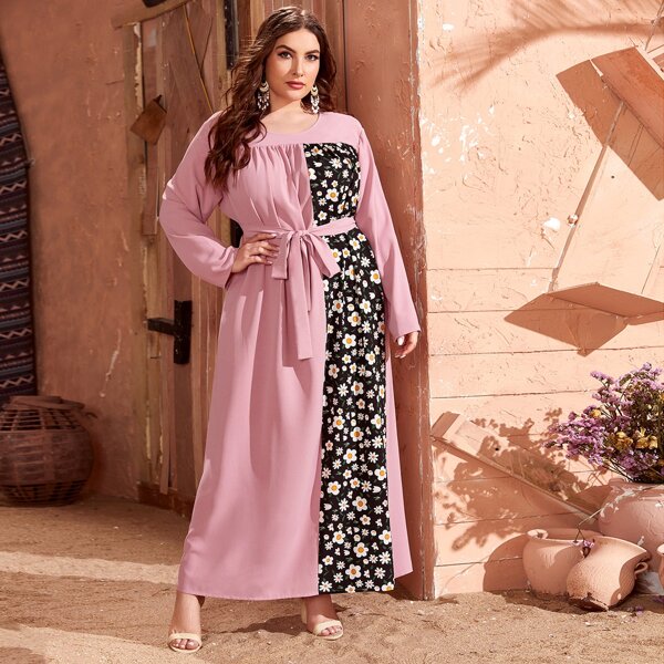 

Plus Contrast Floral Belted Keyhole Back Dress, Dusty pink