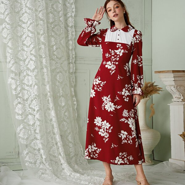 

Floral Print Peter Pan Collar A-line Dress, Burgundy
