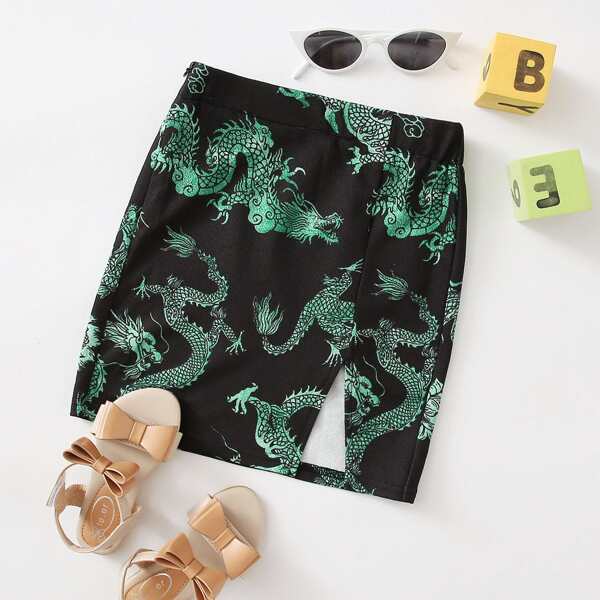

Girls Chinese Dragon Print Split Hem Skirt, Black