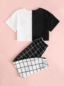 SHEIN Girls Two Tone Butterfly Embroidery Top & Grid Trousers Set - Black and White - View 2