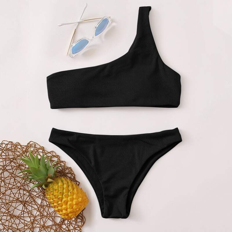 

Rib One Shoulder Bikini Swimsuit, Black