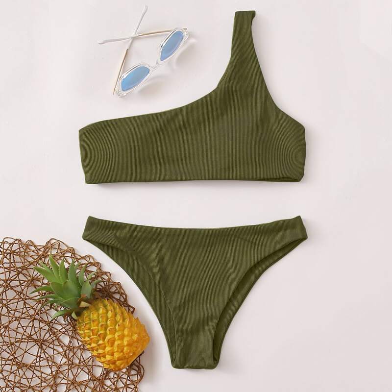 

Rib One Shoulder Bikini Swimsuit, Army green