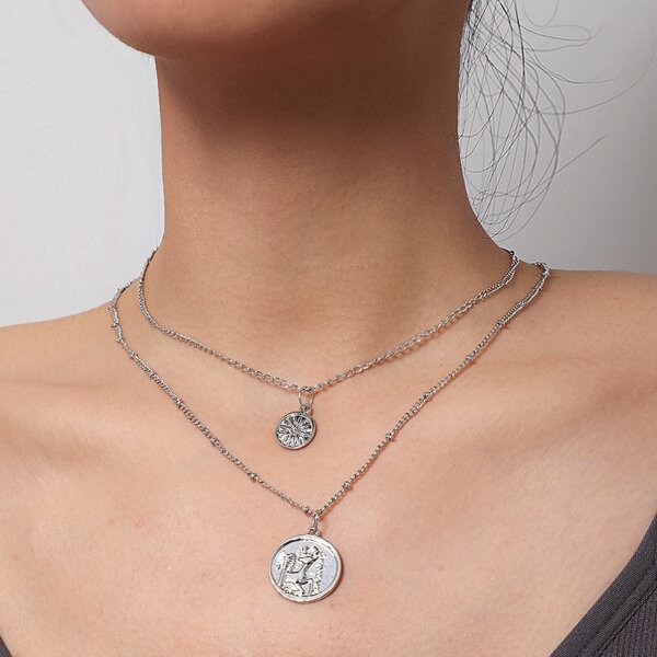 

2pcs Round Charm Necklace, Silver
