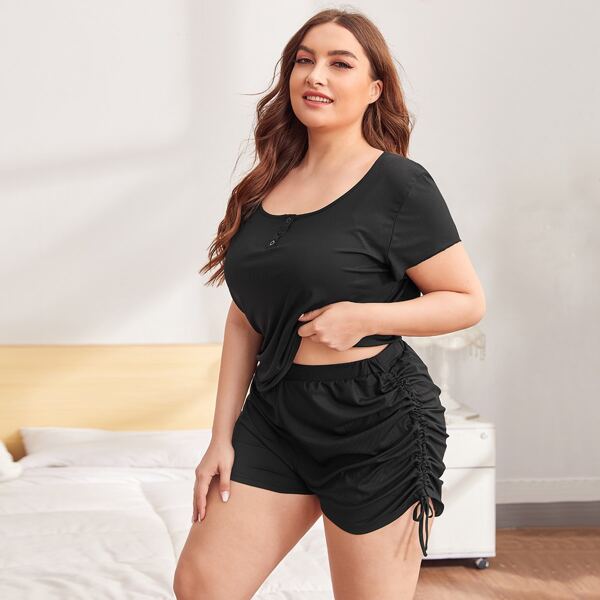 

Plus Solid Scoop Neck Tee With Drawstring Detail Shorts PJ Set, Black