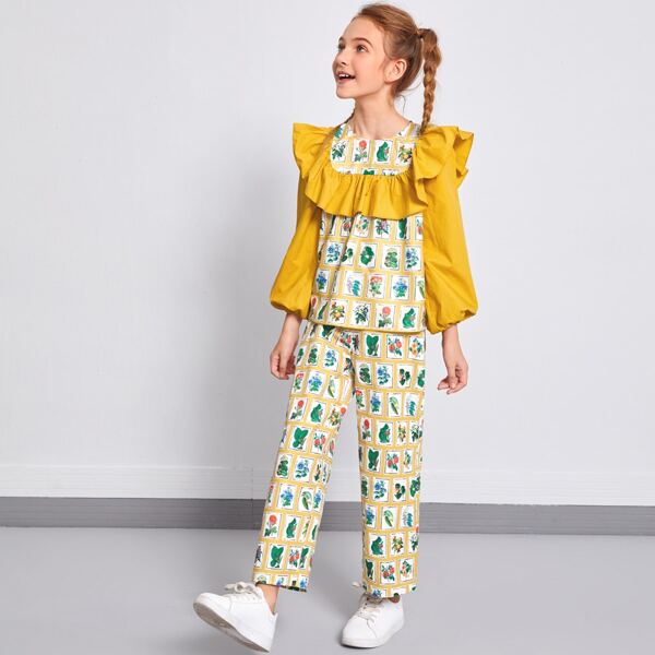 

Girls Lantern Sleeve Ruffle Trim Plants Print Top & Pants Set, Multicolor