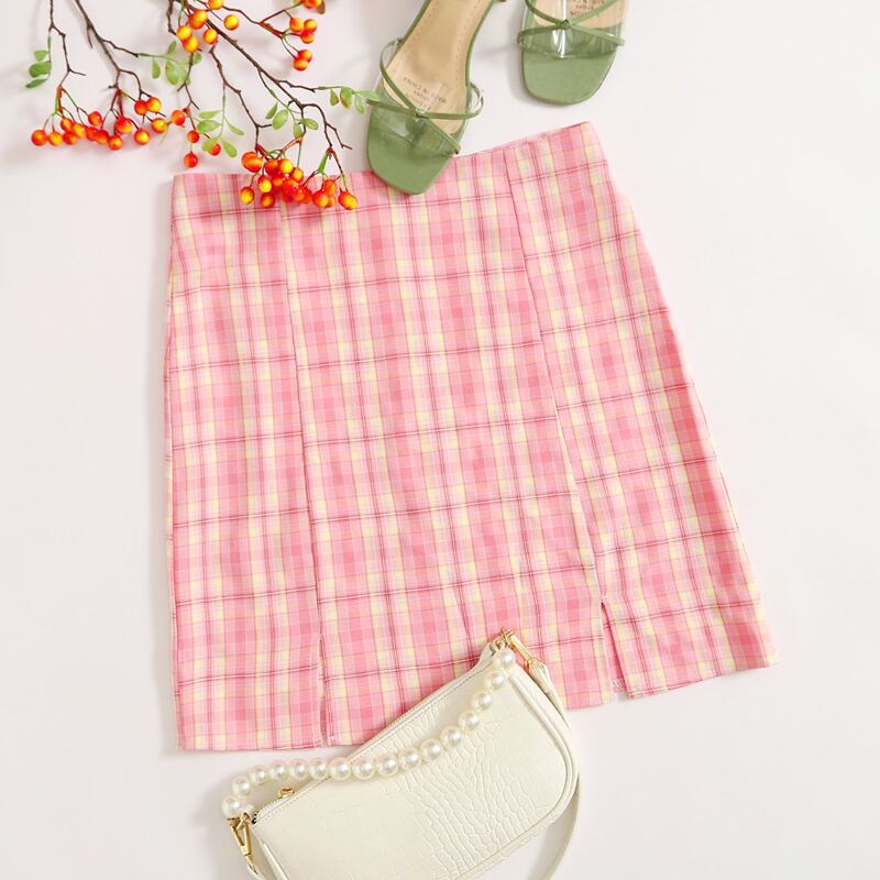 

Plaid Slit Hem Skirt, Pink