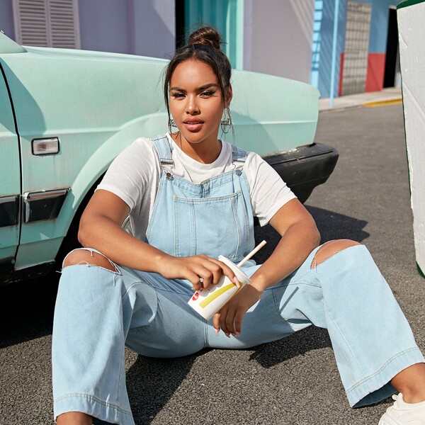 

Plus Slant Pocket Ripped Denim Overalls, Light wash