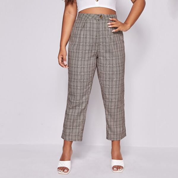 

Plus Buttoned Waist Tartan Pants, Grey
