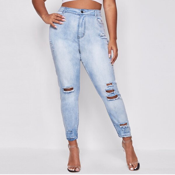 

Plus Light Wash Ripped Slant Pocket Jeans