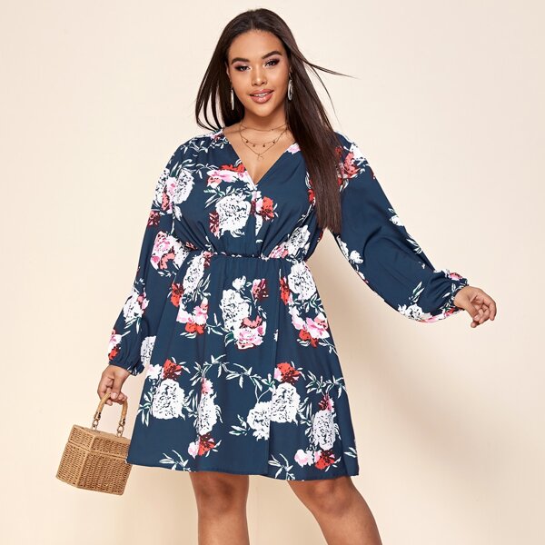 

Plus Floral Bishop Sleeve Wrap Dress, Multicolor