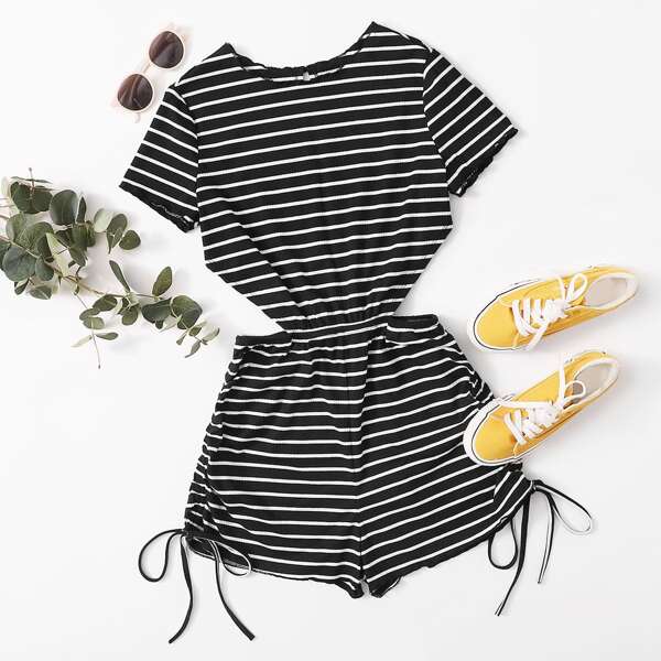 

Plus Cut Out Waist Drawstring Hem Striped Romper, Black