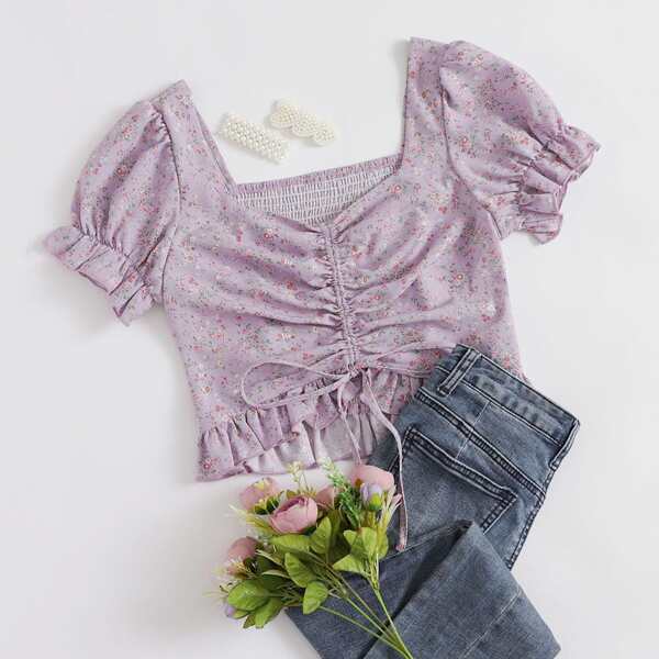 

Plus Drawstring Knot Front Shirred Back Ruffle Hem Ditsy Floral Top, Lilac purple
