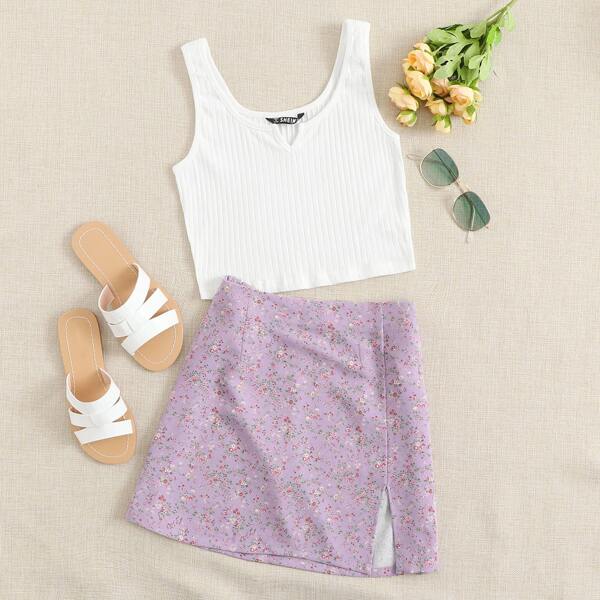 

Plus Notched Neck Tank Top & Ditsy Floral Print Skirt Set, Multicolor