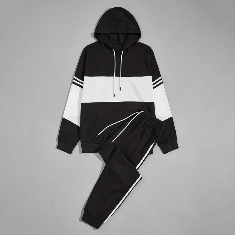 

Guys Contrast Panel Drawstring Hoodie & Sweatpants, Black