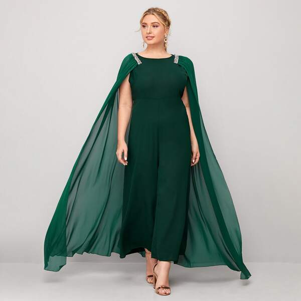 

Plus Round Neck Cape Jumpsuit, Dark green