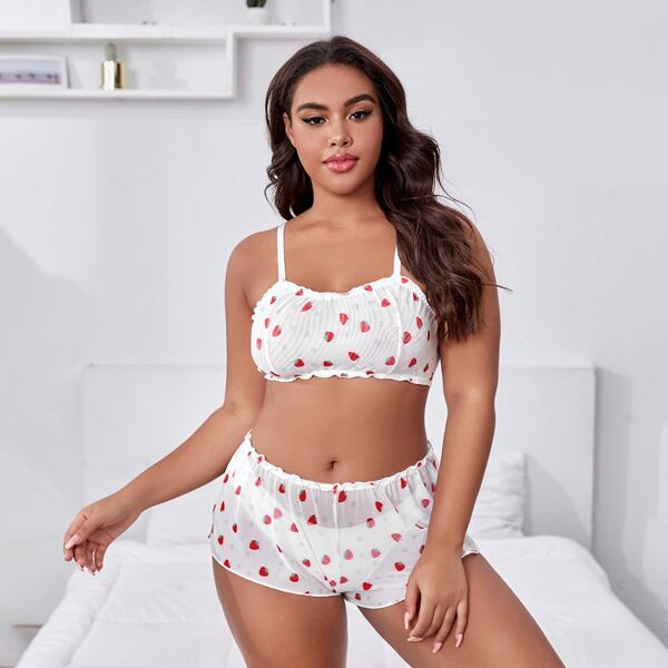 

Plus Strawberry Print Mesh Lingerie Set, White