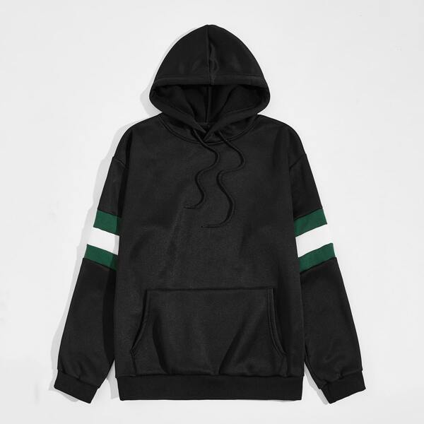 

Men Contrast Panel Kangaroo Pocket Drawstring Hoodie, Black