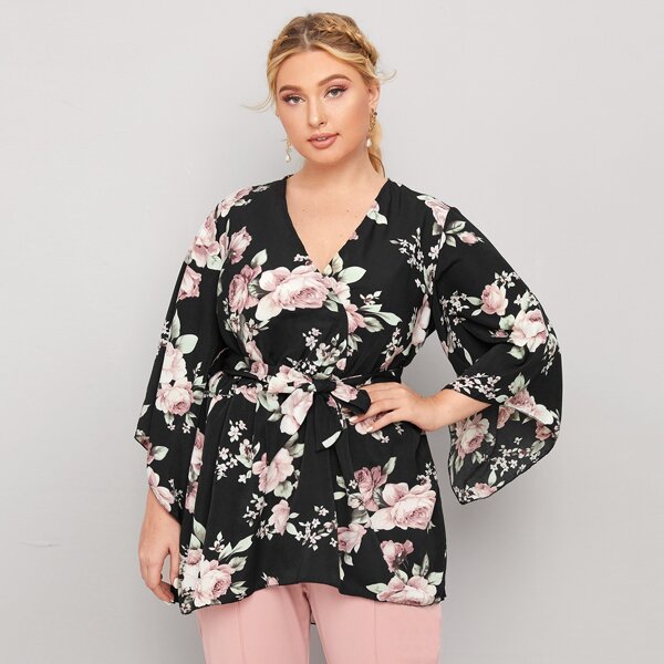 

Plus Floral Print Belted High Low Blouse, Black