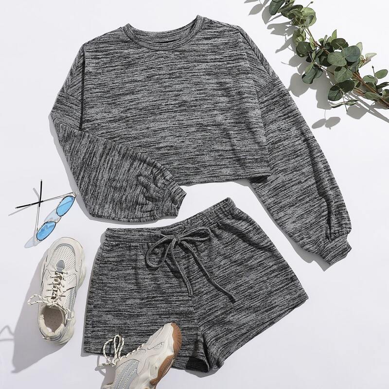 

Drop Shoulder Pullover & Drawstring Waist Shorts Set, Grey
