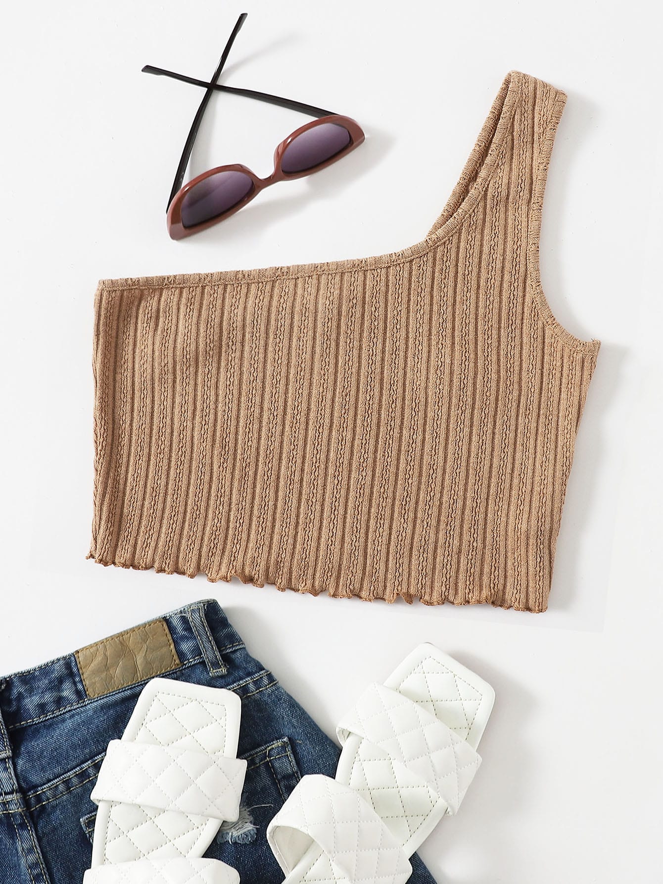 One Shoulder Lettuce Trim Top thumbnail
